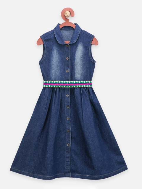 

LilPicks Girls Blue Belted Peter Pan Collar Washed Denim Shirt Dress