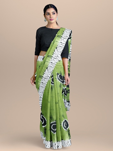 

BharatSthali Green & White Tie and Dye Pure Cotton Block Print Saree