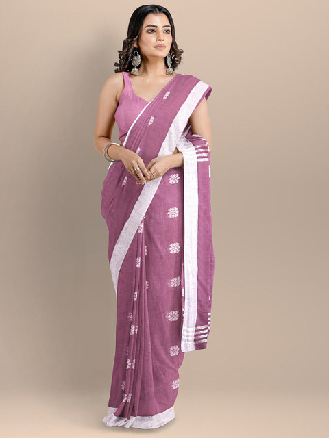 

BharatSthali Purple & Silver-Toned Woven Design Silk Cotton Jamdani Saree