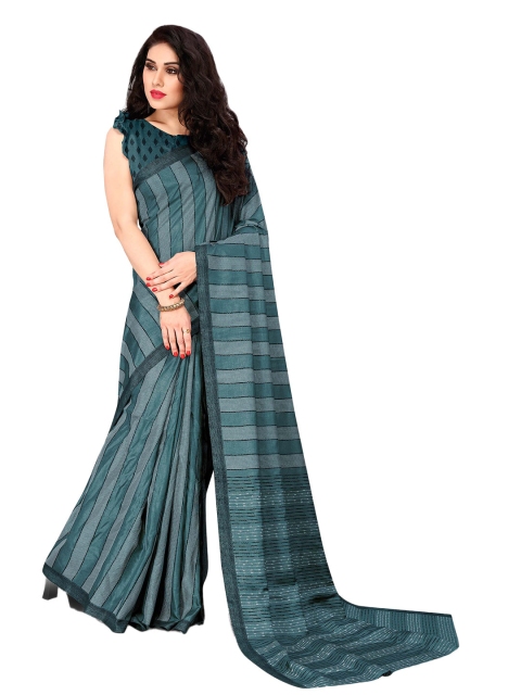 

KALINI Turquoise Blue & White Striped Silk Blend Saree