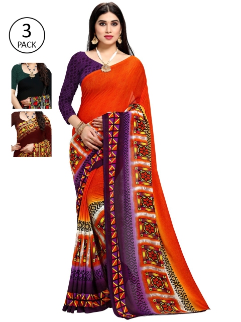

KALINI Pack of 3 Orange & Black Saree