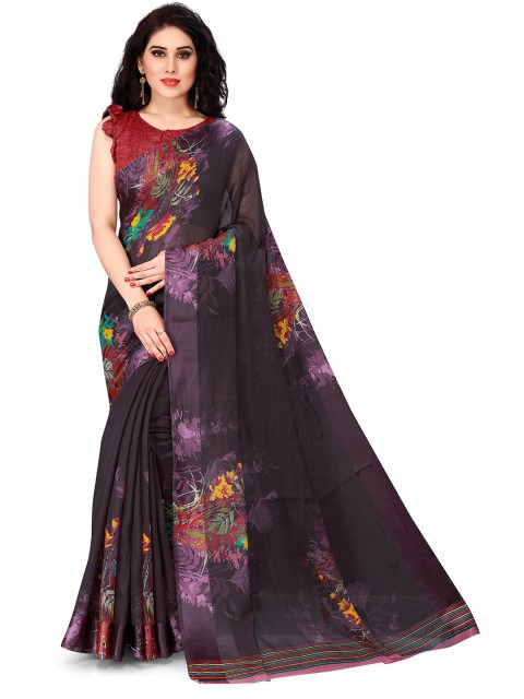 

KALINI Purple Floral Printed Poly Cotton Saree