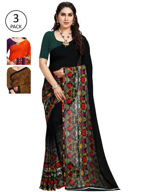 

KALINI Pack of 3 Orange & Black Saree