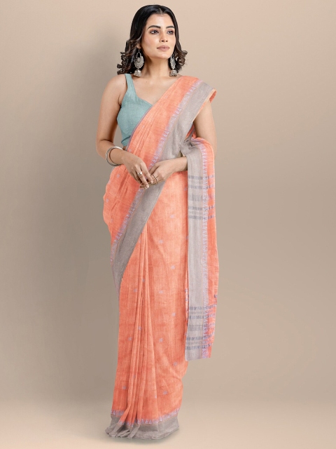 

BharatSthali Peach-Coloured & Grey Ethnic Motifs Pure Cotton Block Print Saree