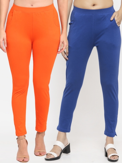 

NEUDIS Women Pack Of 2 Solid Ankle-Length Straight-Fit Leggings, Orange