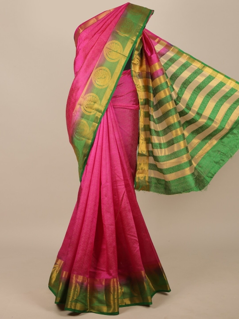 

Pothys Pink & Green Floral Zari Jute Silk Saree