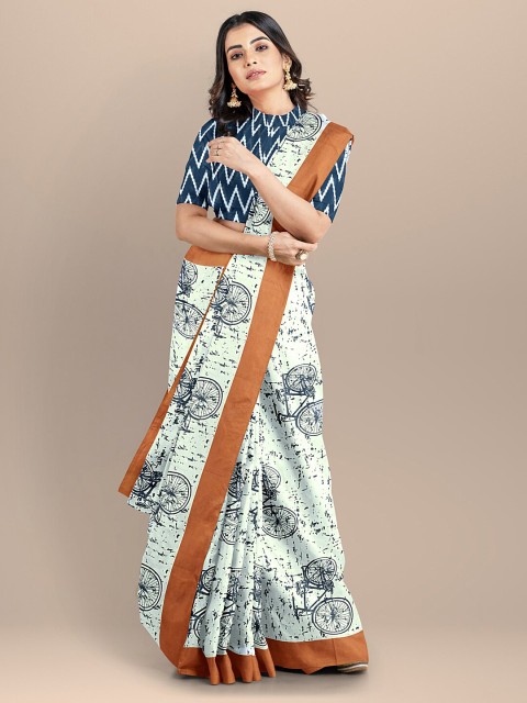 

BharatSthali White & Blue Ethnic Motifs Pure Cotton Block Print Saree