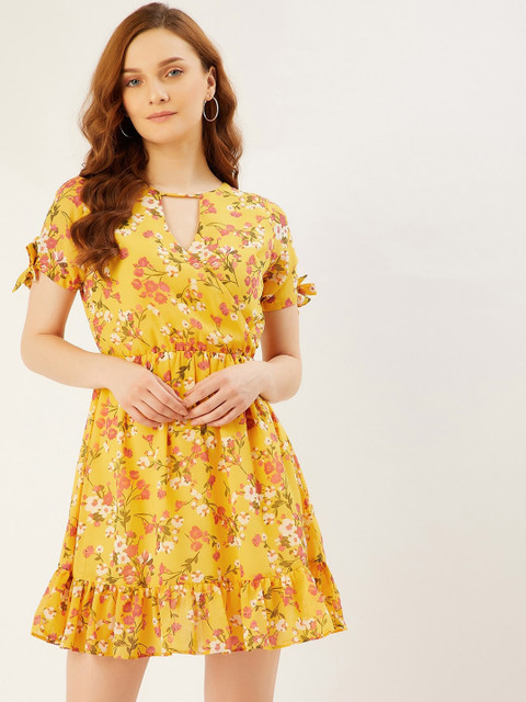 

ANVI Be Yourself Women Yellow Floral Keyhole Neck Dress
