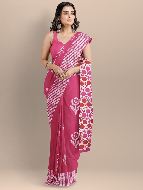 BharatSthali Magenta & White Embellished Pure Cotton Block Print Saree
