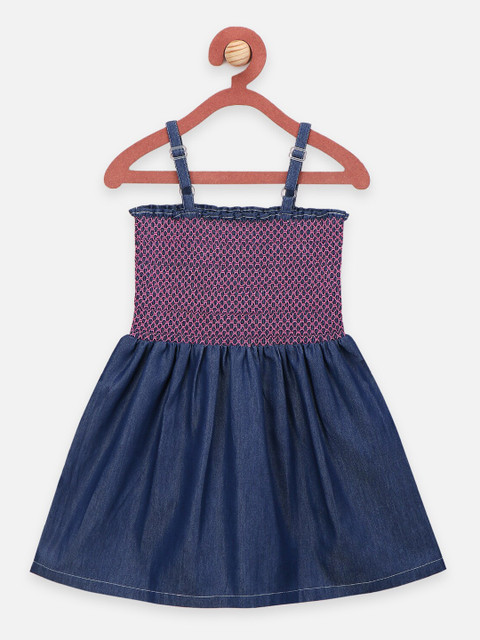 

LilPicks Girls Blue & Pink Denim Smocked Fit & Flare Dress
