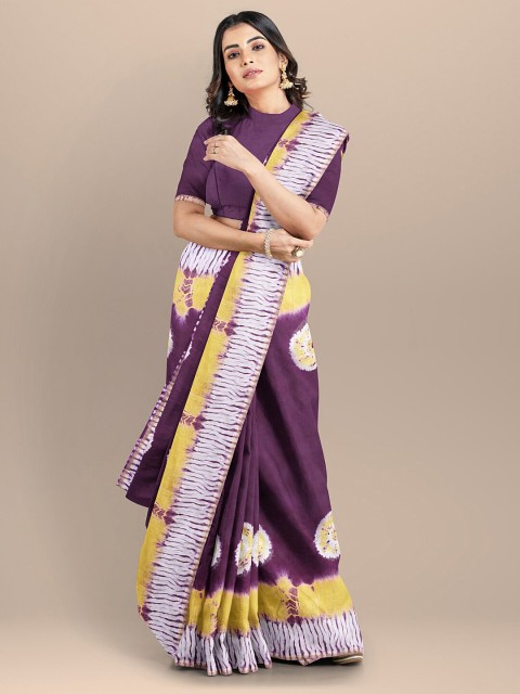 

BharatSthali Women Purple Tie and Dye Printed Handloom Chanderi Saree