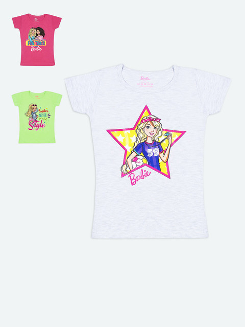 

Barbie Girls Pack of 3 Pink & Lime Green & White Barbie Printed T-shirt, Multi