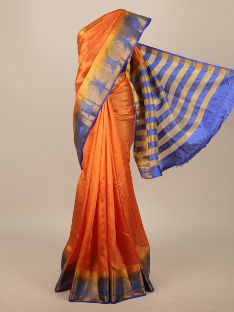 

Pothys Orange & Blue Floral Jute Silk Saree