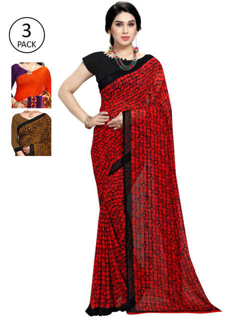 

KALINI Pack of 3 Red & Orange Floral Saree