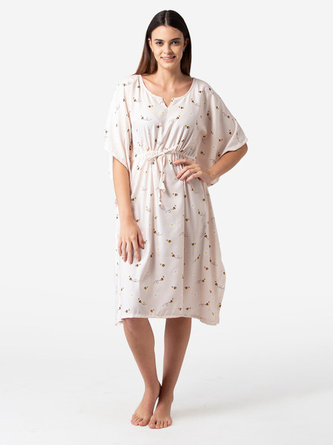 

Bellofox Women Beige Cotton Bees & Buzz Ditsy Print Kaftan Night Dress