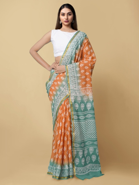 

Unnati Silks Orange & Green Ethnic Motifs Pure Cotton Block Print Saree
