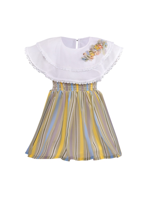 

Wish Karo Girls Yellow & White Striped Cape Sleeves Fit & Flare Dress