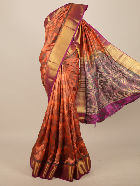 

Pothys Orange & Gold-Toned Woven Design Jute Silk Saree