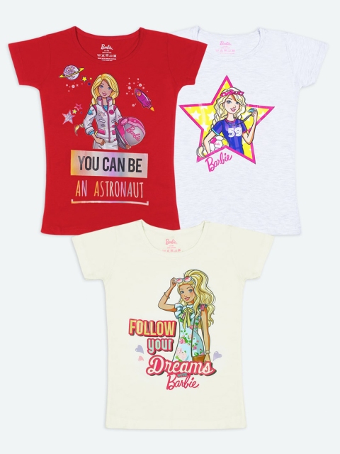 

Barbie Girls Pack of 3 Barbie Printed Round Neck Cotton T-shirt, Multi