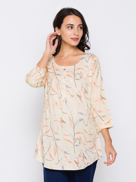

TANKHI Women Cream Colored Tropical Print Kurti with Curved Hemline