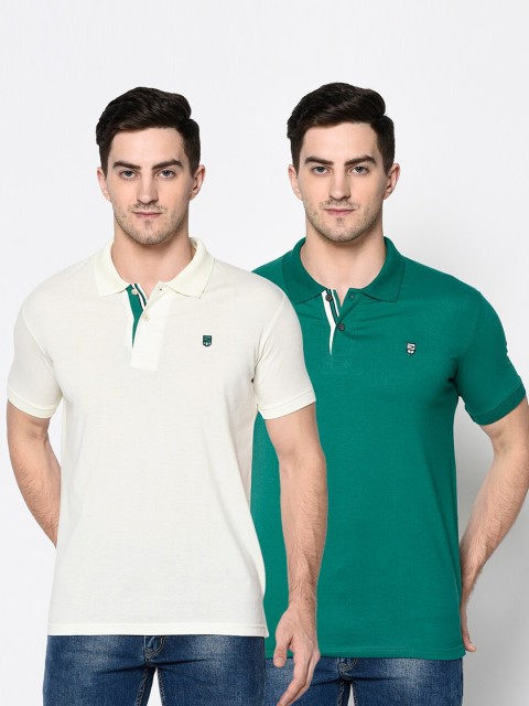 

Duke Men Off Pack Of 2 White & Green Polo Collar Slim Fit T-shirts, Off white