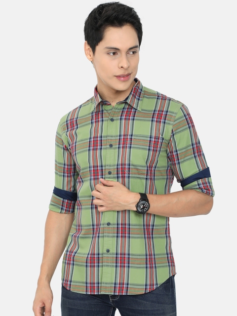 

HERE&NOW Men Olive Green Slim Fit Tartan Checks Checked Casual Shirt
