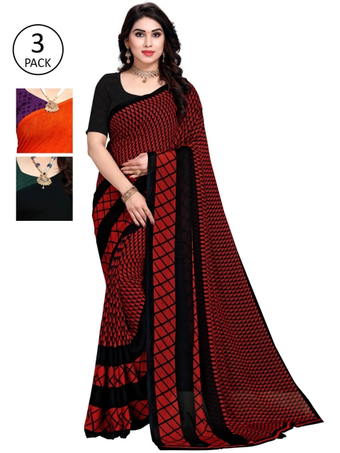 

KALINI Pack of 3 Printed Poly Georgette Sarees, Black