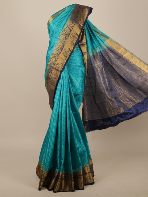 

Pothys Blue & Gold-Toned Woven Design Zari Jute Silk Saree