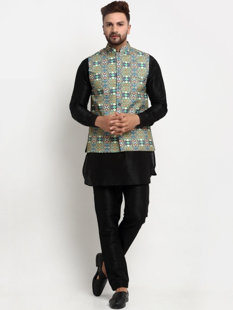 

Benstoke Men Black Layered Dupion Silk Kurta with Pyjamas & Nehru Jacket