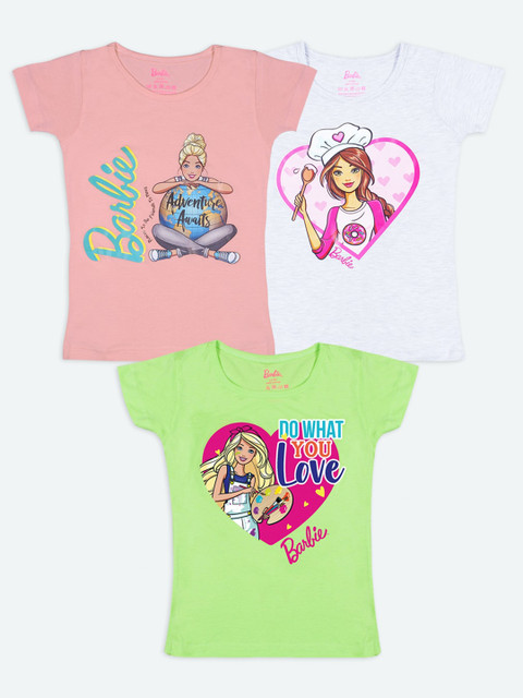 

Barbie Girls Pack Of 3 Multicoloured Barbie Graphic Printed Cotton Pure Cotton T-shirts, Multi