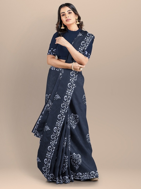 

BharatSthali Navy Blue & White Ethnic Motifs Pure Cotton Block Print Saree