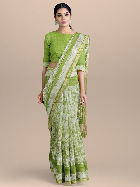 

BharatSthali Green & White Ethnic Motifs Silk Cotton Narayan Peth Saree