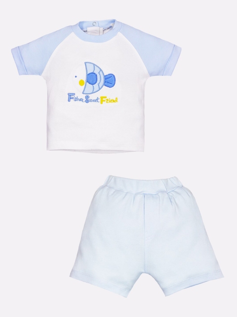 

BABY GO Boys White & Blue Embellished Pure Cotton T-shirt With Shorts