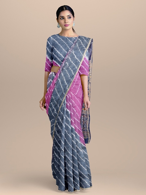 

BharatSthali Grey & Pink Tie and Dye Zari Silk Cotton Chanderi Saree