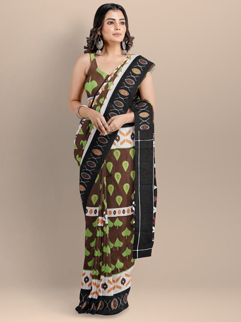 

BharatSthali Brown & Black Ethnic Motifs Pure Cotton Block Print Saree