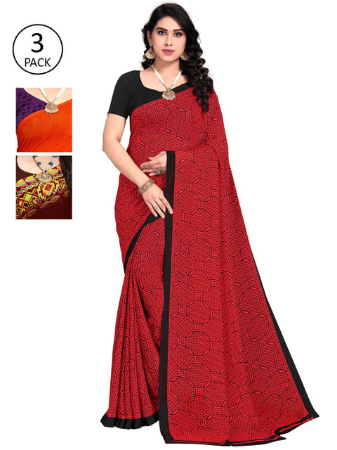 

KALINI Pack of 3 Printed Poly Georgette Sarees, Orange
