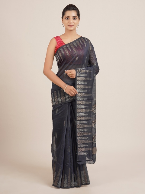 

Pothys Navy Blue & White Ethnic Motifs Jute Silk Saree