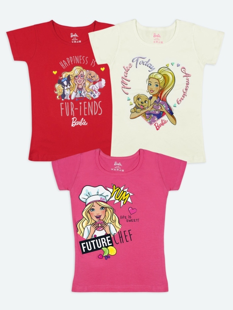 

Barbie Girls Pack of 3 Barbie Printed Pure Cotton T-shirt, Red