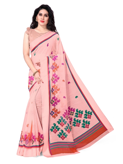 

KALINI Pink & Orange Floral Block Print Saree