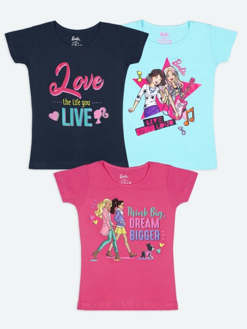 

Barbie Girls Pack of 3 Pink Black Printed Cotton Pure Cotton T-shirts