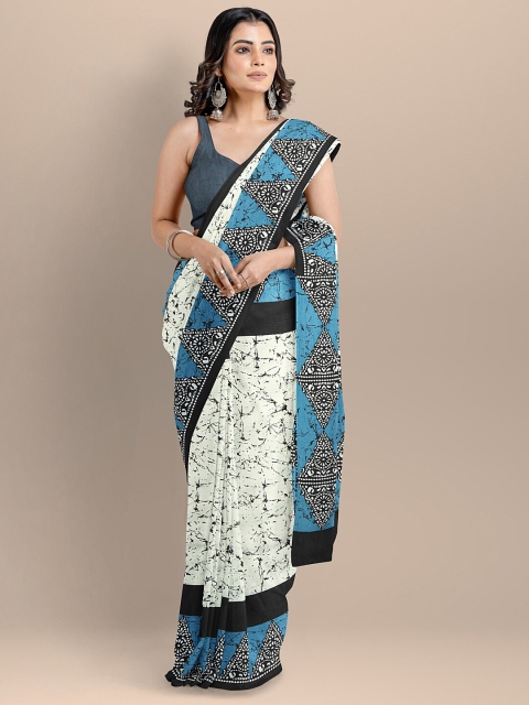

BharatSthali White & Blue Ethnic Motifs Pure Cotton Block Print Saree