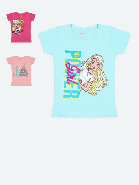 

Barbie Girls Pack of 3 Blue & Pink Printed Cotton T-shirts