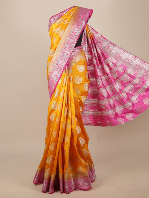 

Pothys Yellow & Pink Floral Zari Jute Silk Saree
