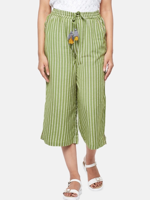 

People Women Green Striped Straight Fit High-Rise Culottes Trousers