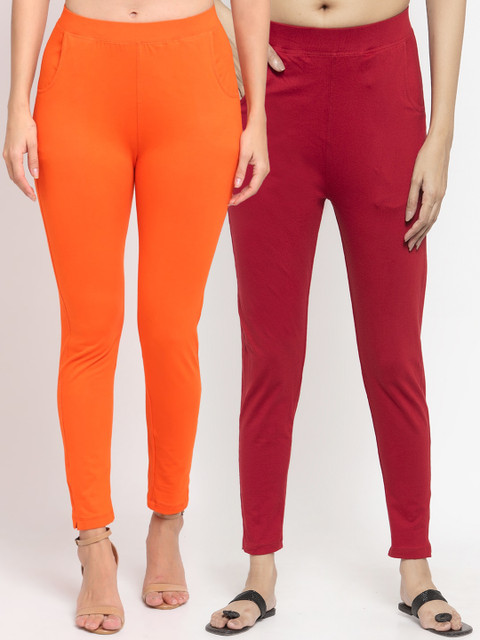 

NEUDIS Women Pack Of 2 Solid Ankle-Length Straight-Fit Leggings, Orange