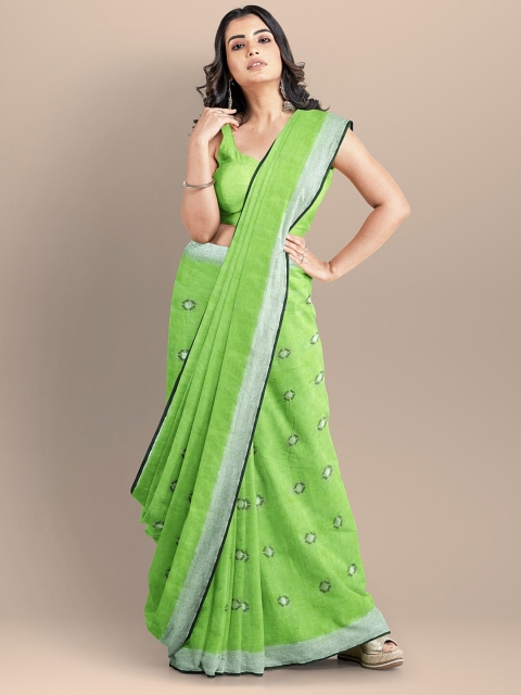 

BharatSthali Green & Silver-Toned Woven Design Pure Linen Jamdani Saree