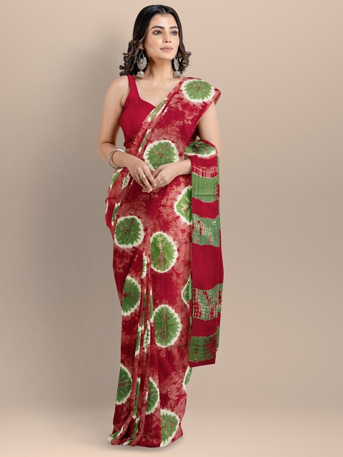 

BharatSthali Red & Green Tie and Dye Pure Cotton Block Print Saree