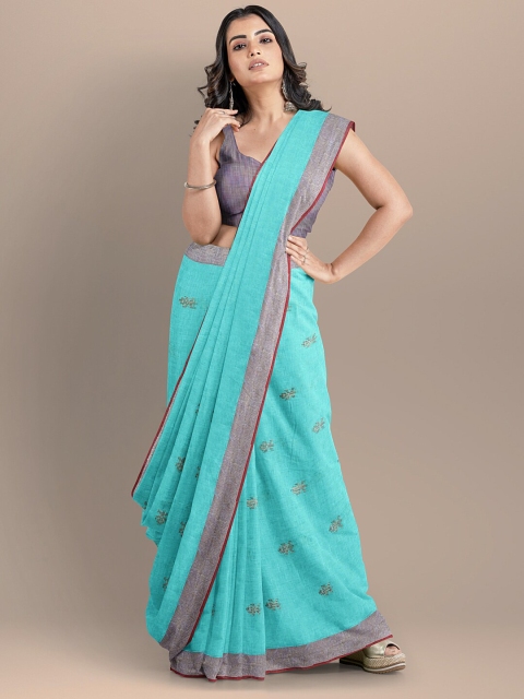 

BharatSthali Turquoise Blue & Red Woven Design Pure Linen Jamdani Saree