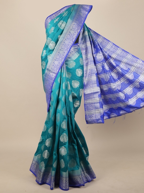 

Pothys Turquoise Blue & Silver-Toned Floral Zari Jute Silk Saree