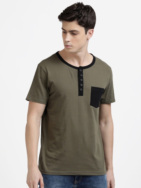 

UrGear Men Olive Henley Neck Pure Cotton T-shirt